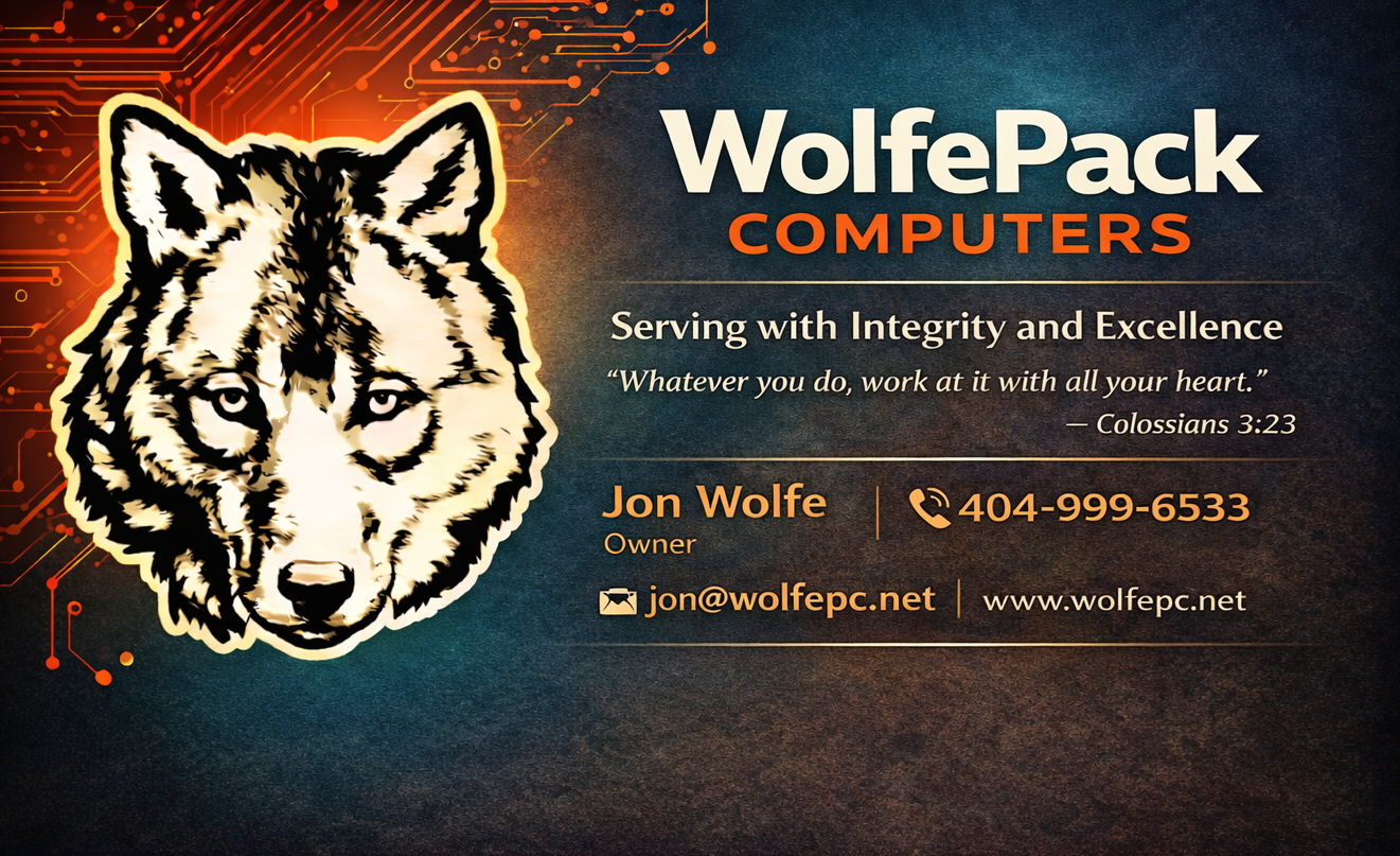 WolfePack Computers business card